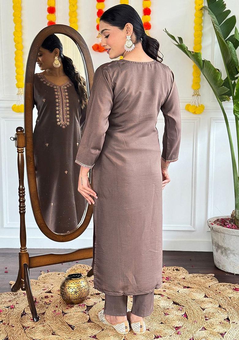 Brown Embroidered Poly Blend Kurta Sets