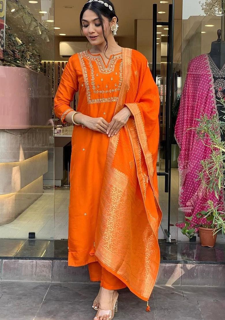Orange Embroidered Poly Blend Kurta Sets