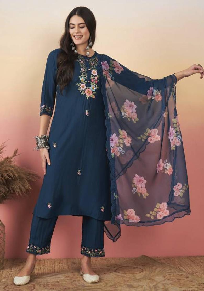 Blue Embroidered Poly Blend Kurta Sets