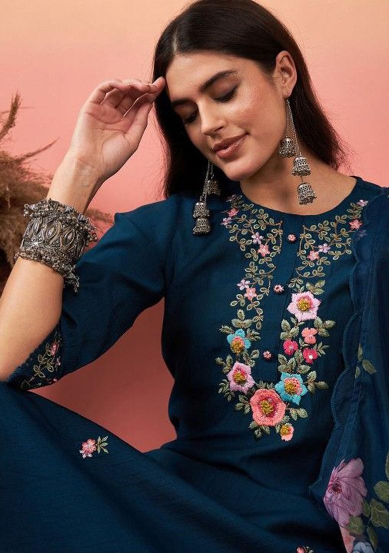 Blue Embroidered Poly Blend Kurta Sets