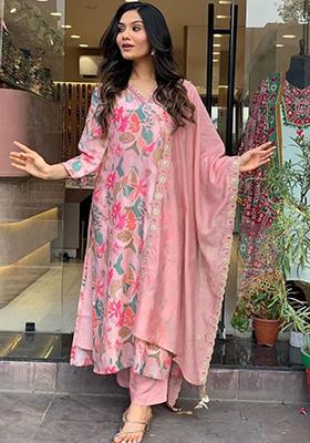 Peach Embroidered Poly Blend Kurta Sets