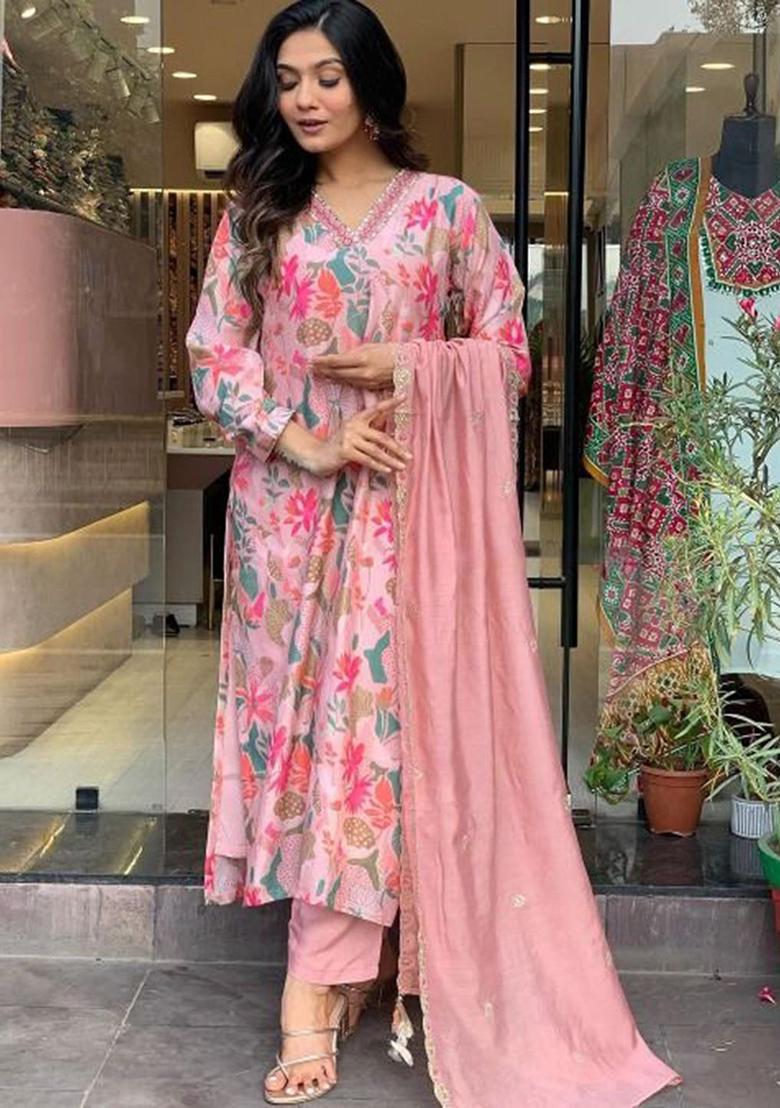 Peach Embroidered Poly Blend Kurta Sets