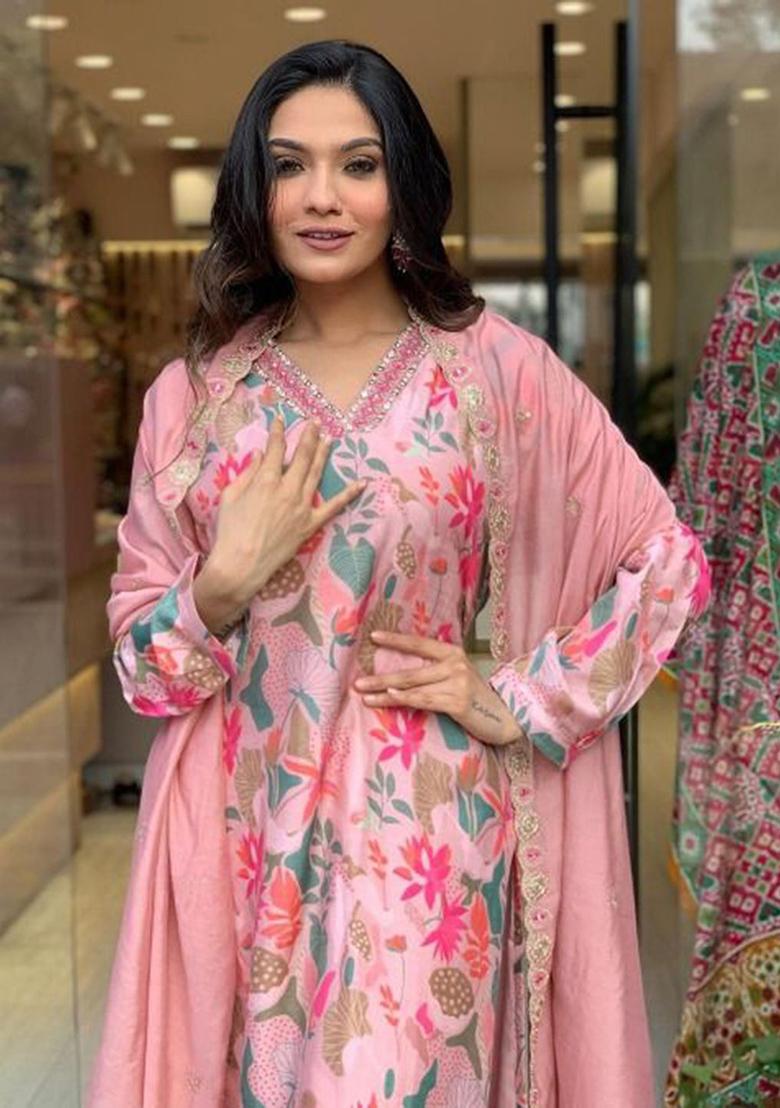 Peach Embroidered Poly Blend Kurta Sets