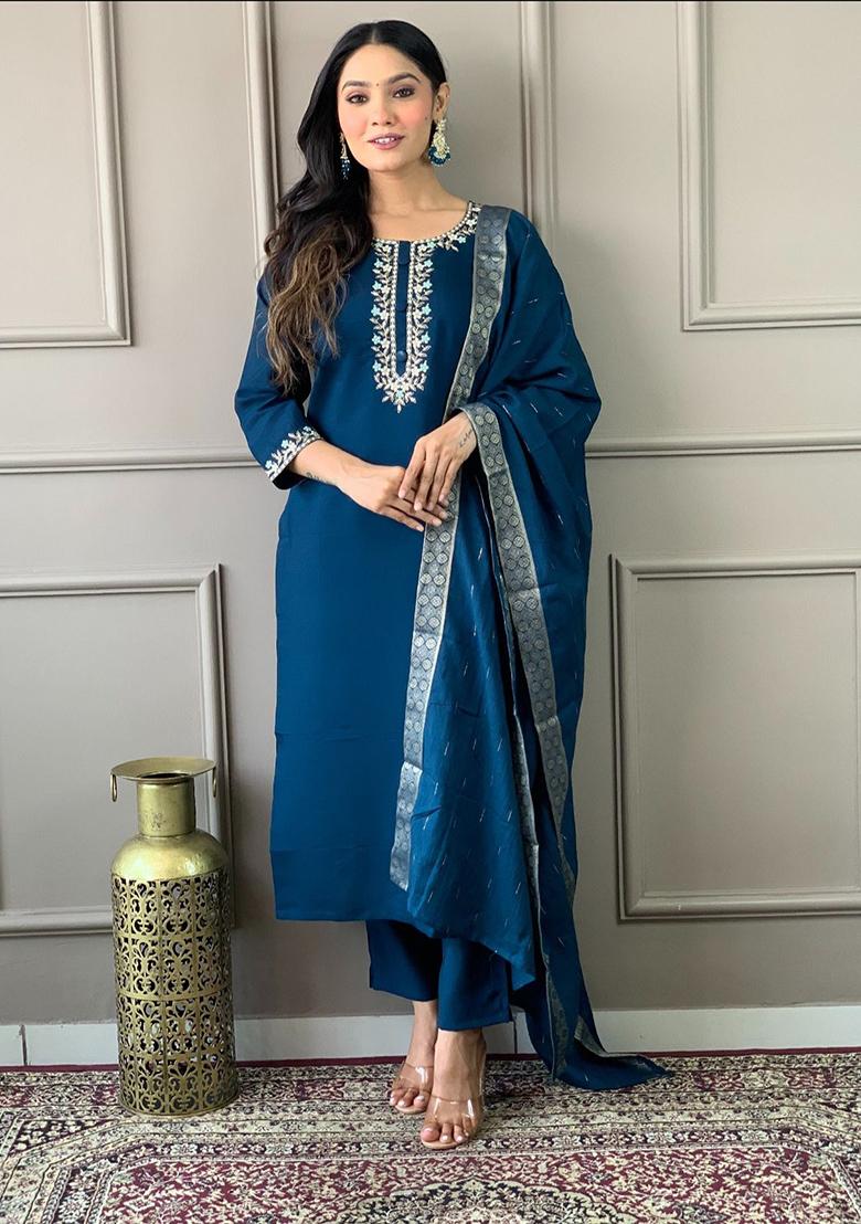 Blue Embroiderd Poly Blend Kurta Sets