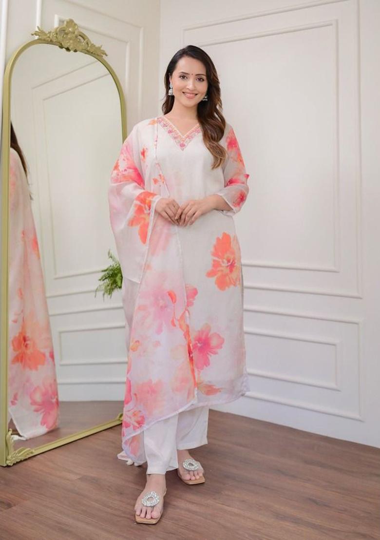 White Printed Poly Blend Kurta Sets