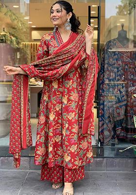 Red Printed Poly Blend Kurta Sets With Dupatta