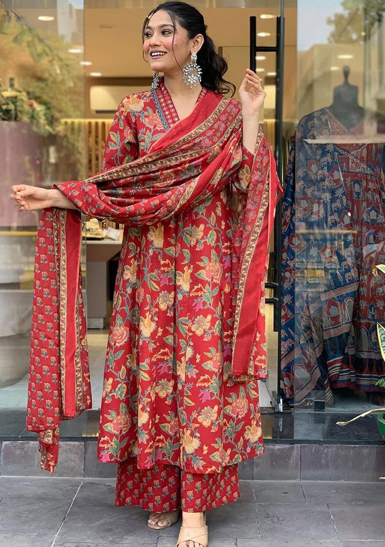 Red Printed Poly Blend Kurta Sets