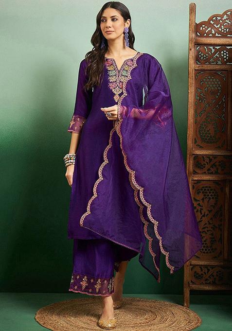 Purple Embroidered Poly Blend Kurta Sets