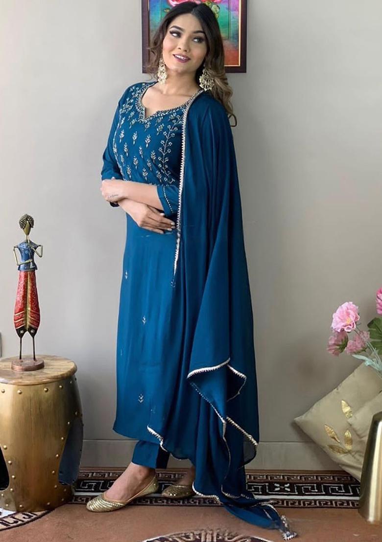 Blue Embroidered Poly Blend Kurta Sets