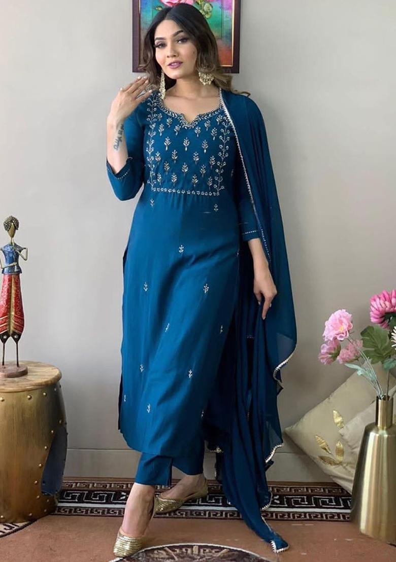 Blue Embroidered Poly Blend Kurta Sets