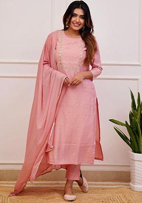 Peach Embroidered Poly Blend Kurta Sets