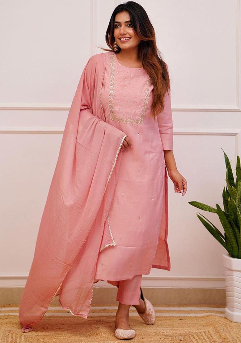 Peach Embroidered Poly Blend Kurta Sets