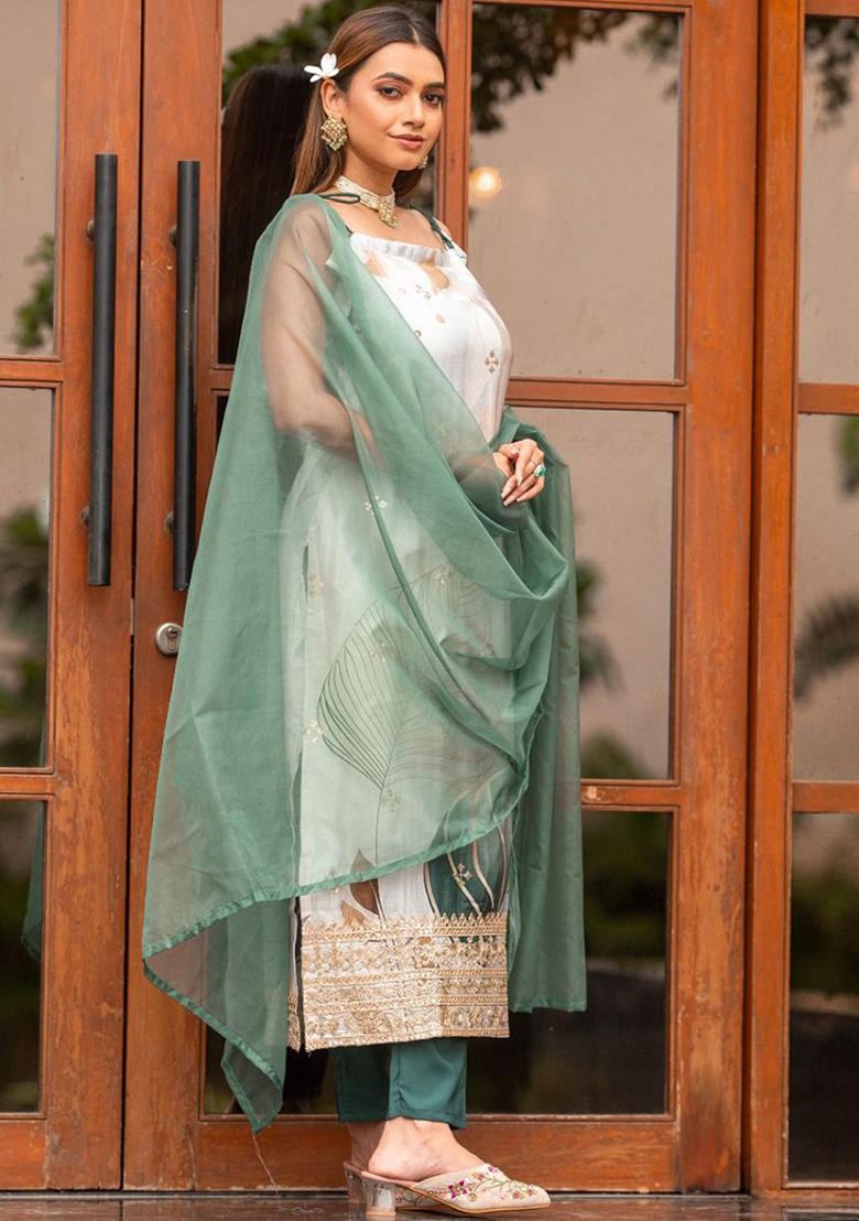 Green Printed Poly Blend Kurta Sets