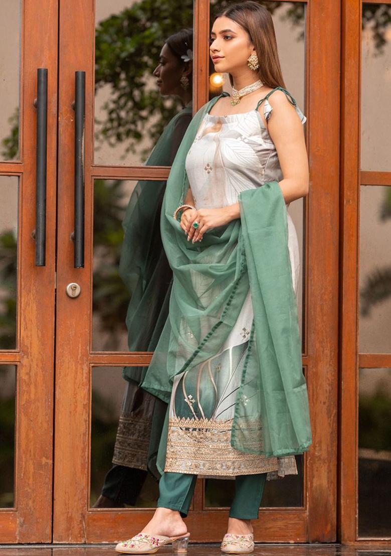 Green Printed Poly Blend Kurta Sets