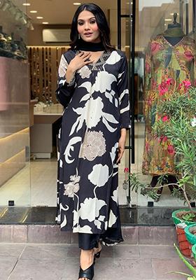 Black Mirror Work Poly Blend Kurta Sets