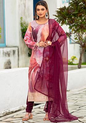 Maroon Printed Poly Blend Kurta Sets