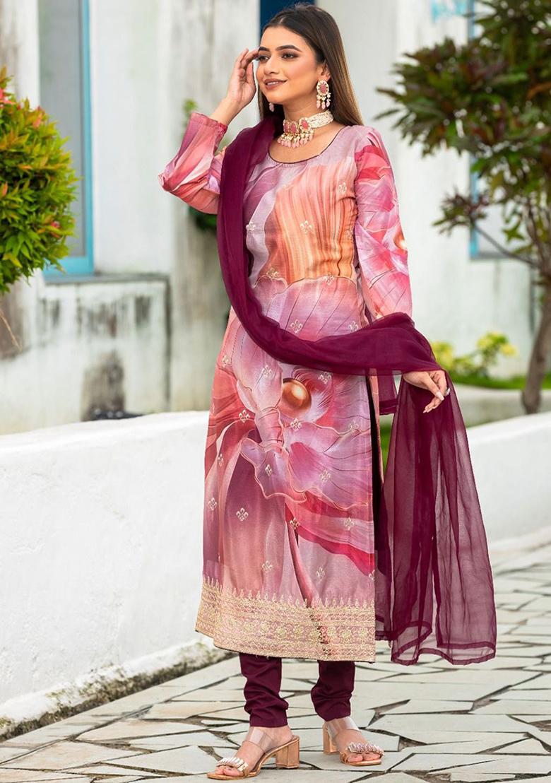 Maroon Printed Poly Blend Kurta Sets