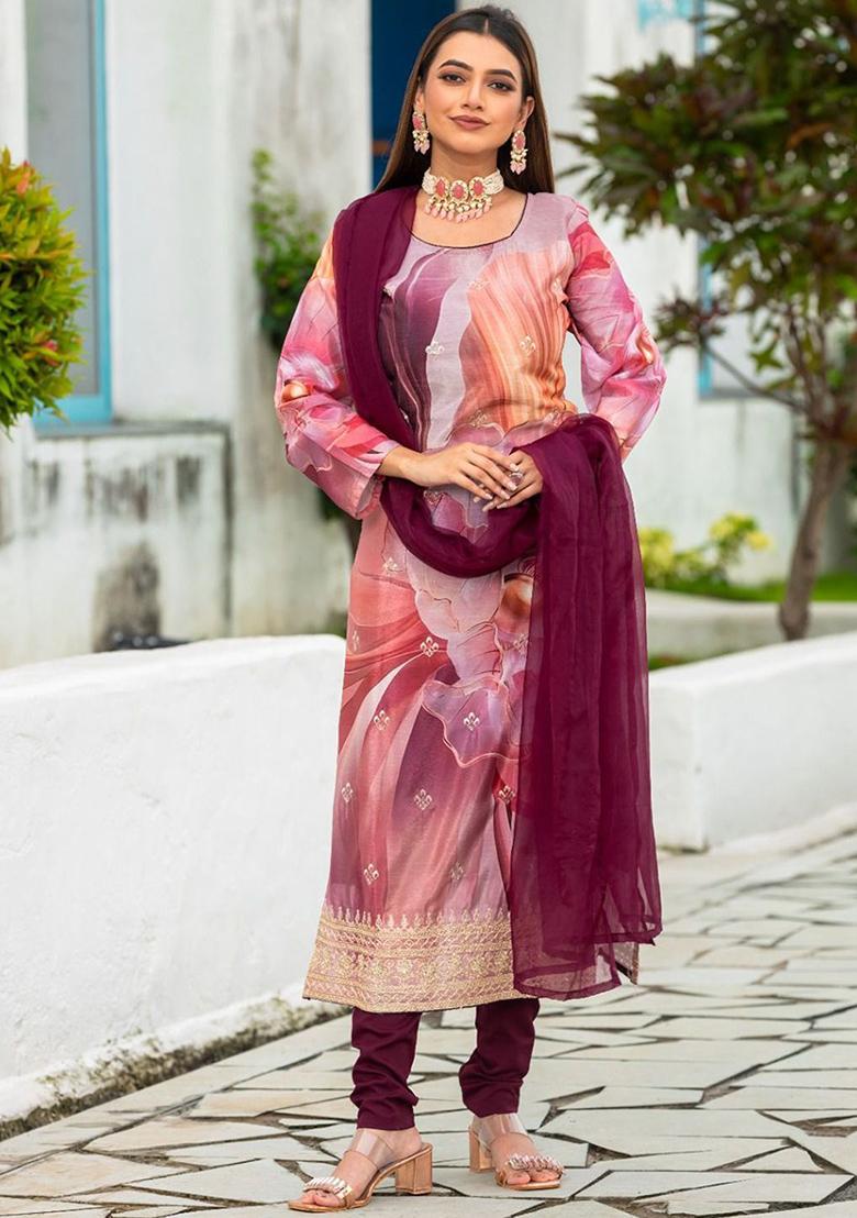 Maroon Printed Poly Blend Kurta Sets