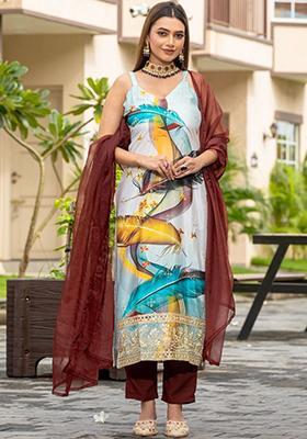 Brown Embroidered Poly Blend Kurta Sets