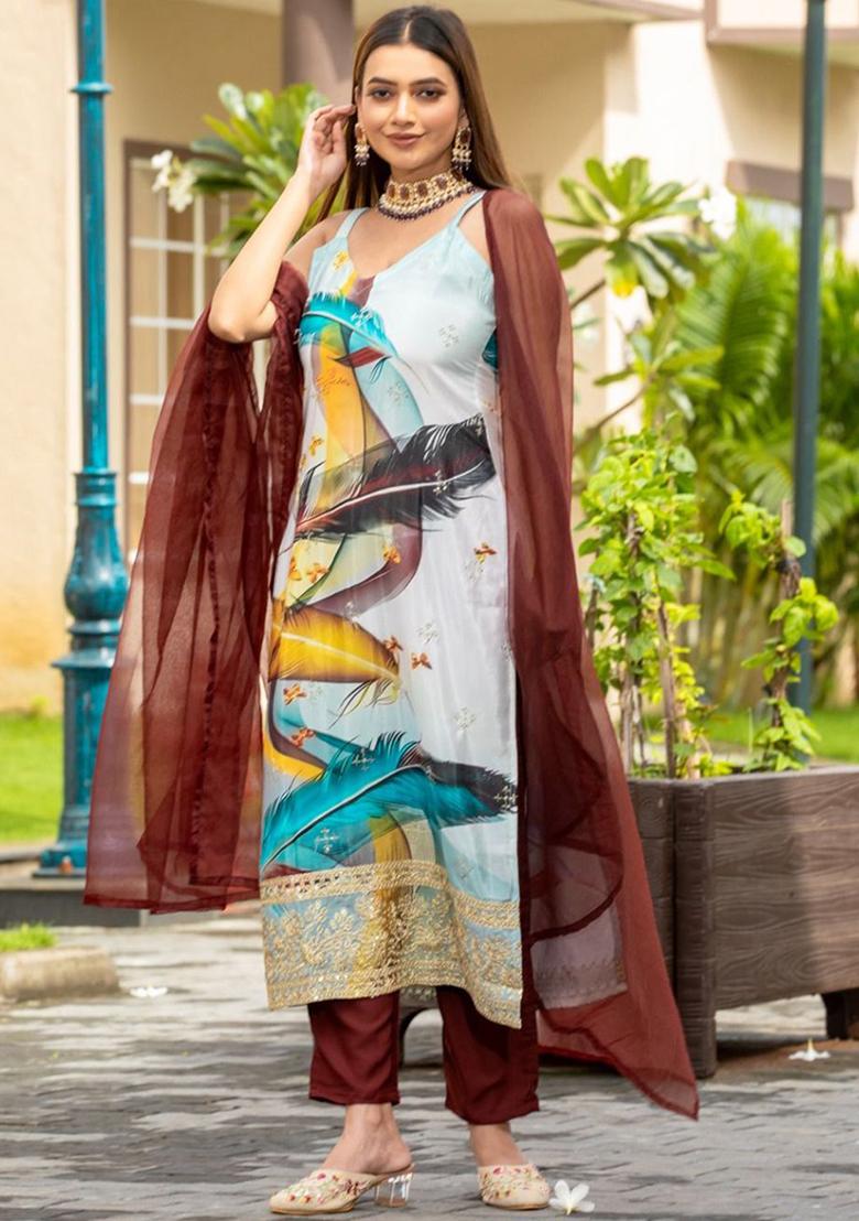 Brown Embroidered Poly Blend Kurta Sets