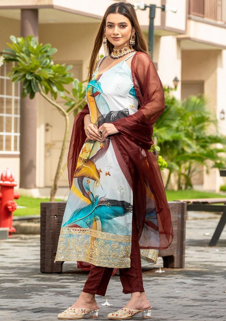 Brown Embroidered Poly Blend Kurta Sets