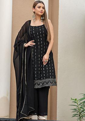 Black Sequin Embroidered Poly Blend Kurta Sets