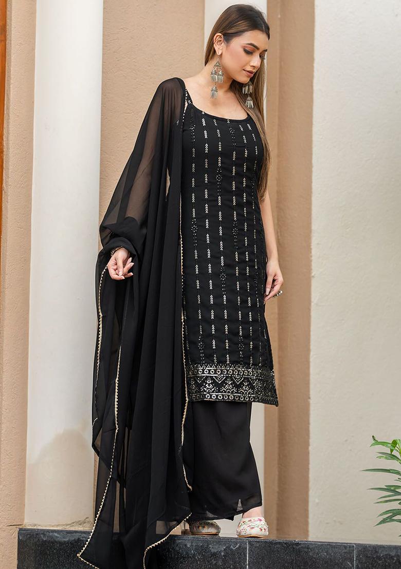 Black Sequin Embroidered Poly Blend Kurta Sets