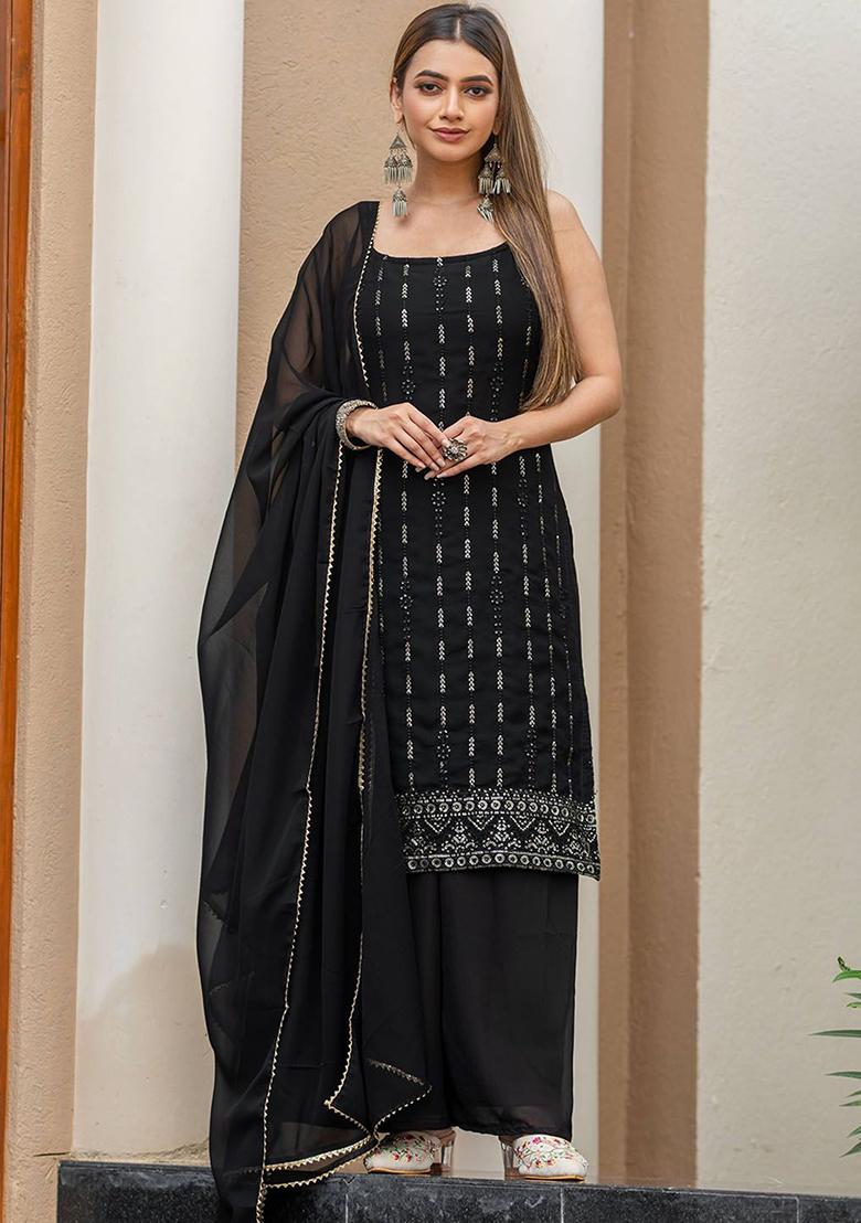Black Sequin Embroidered Poly Blend Kurta Sets