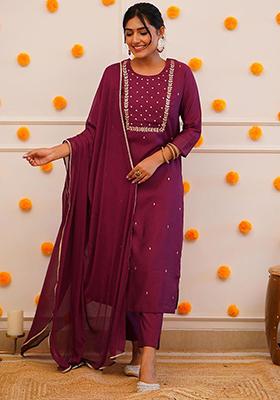 Maroon Embroidered Poly Blend Kurta Sets