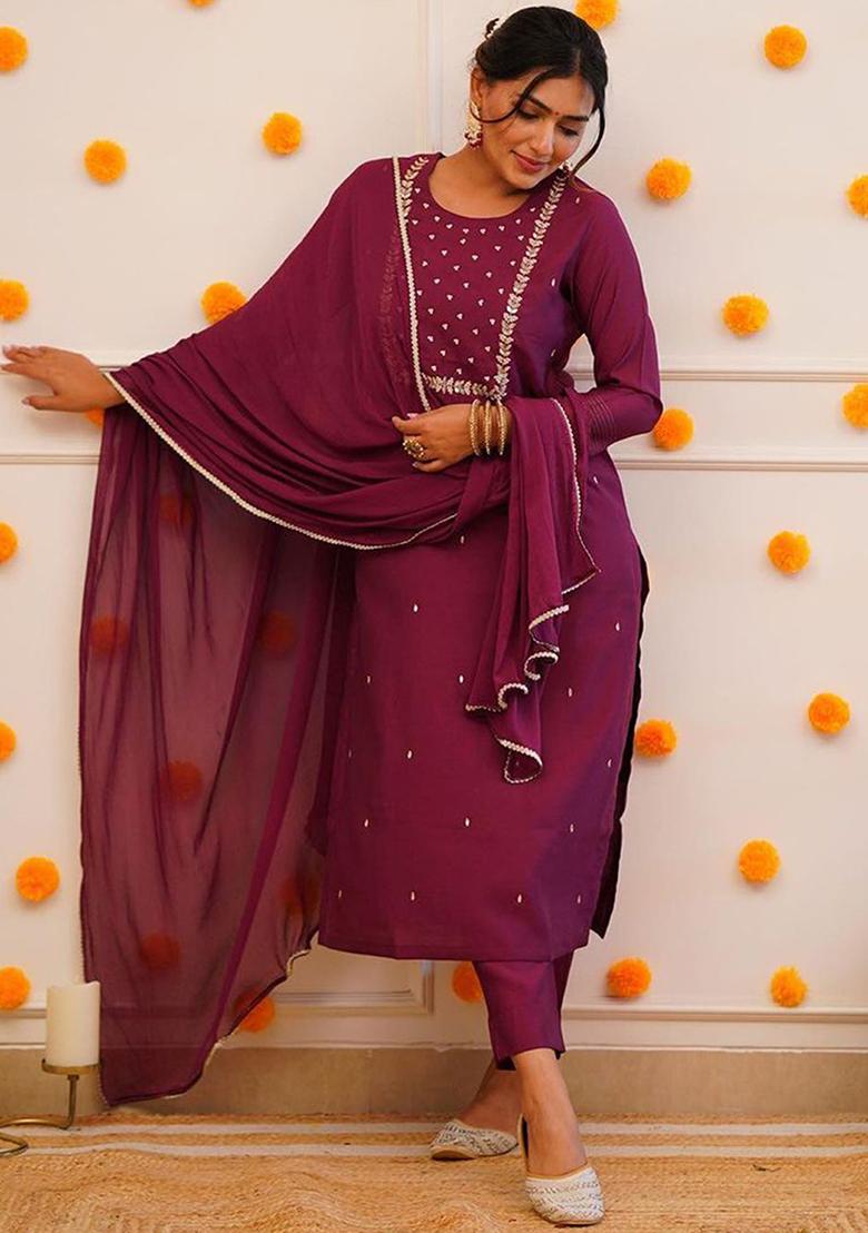 Maroon Embroidered Poly Blend Kurta Sets