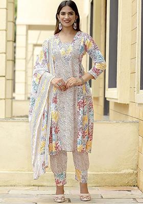White Printed Poly Blend Kurta Sets