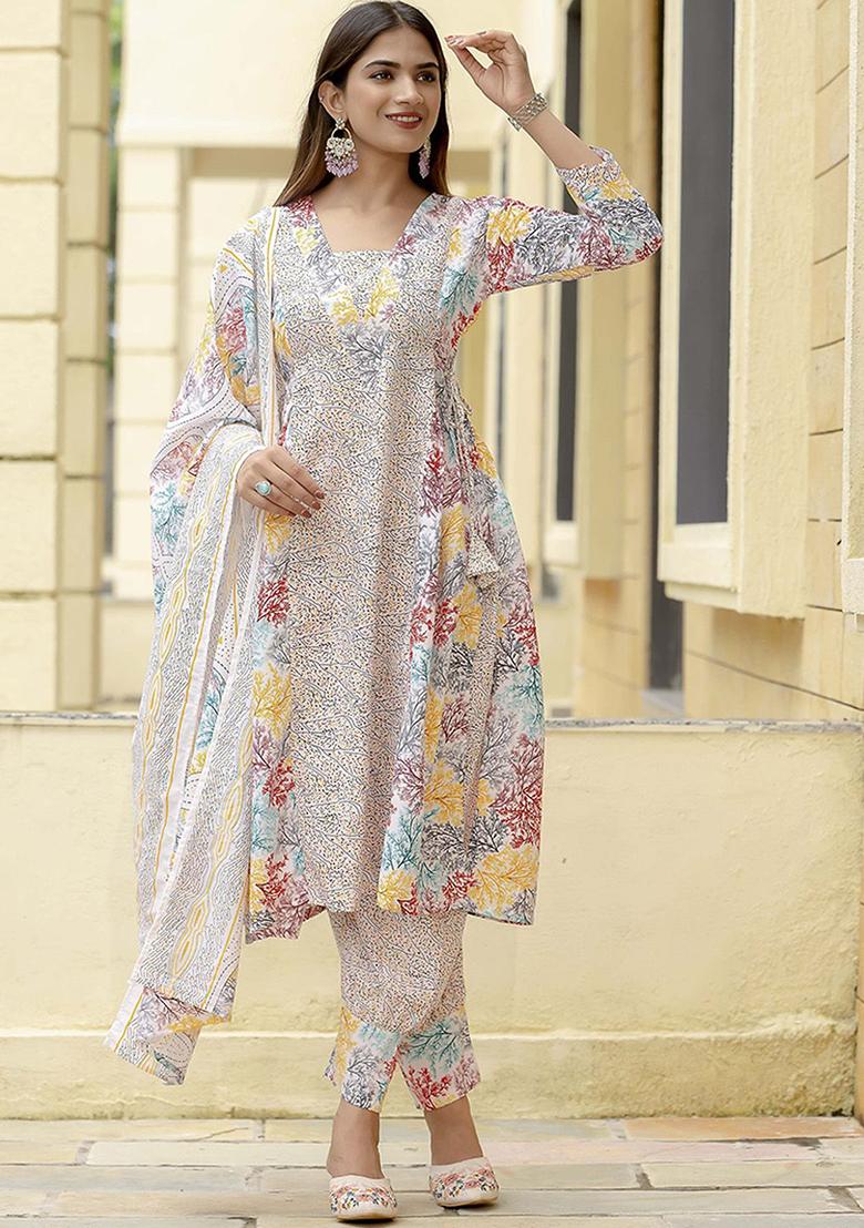 White Printed Poly Blend Kurta Sets