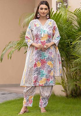 White Printed Poly Blend Kurta Sets