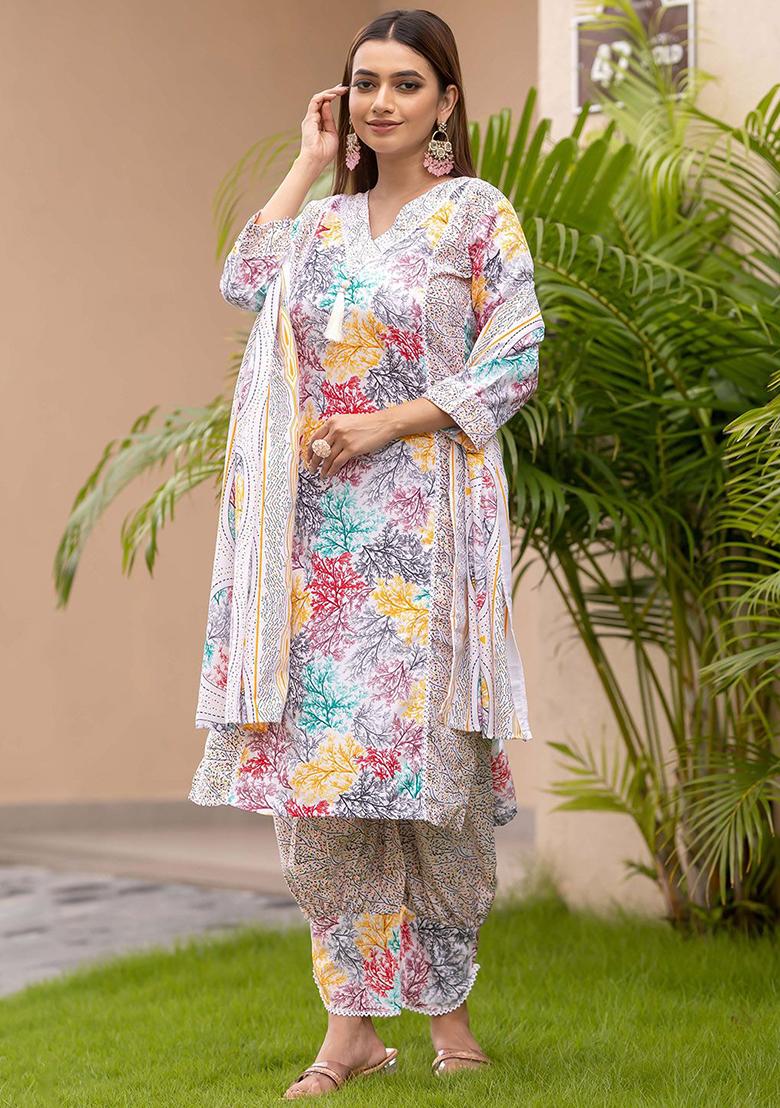 White Printed Poly Blend Kurta Sets