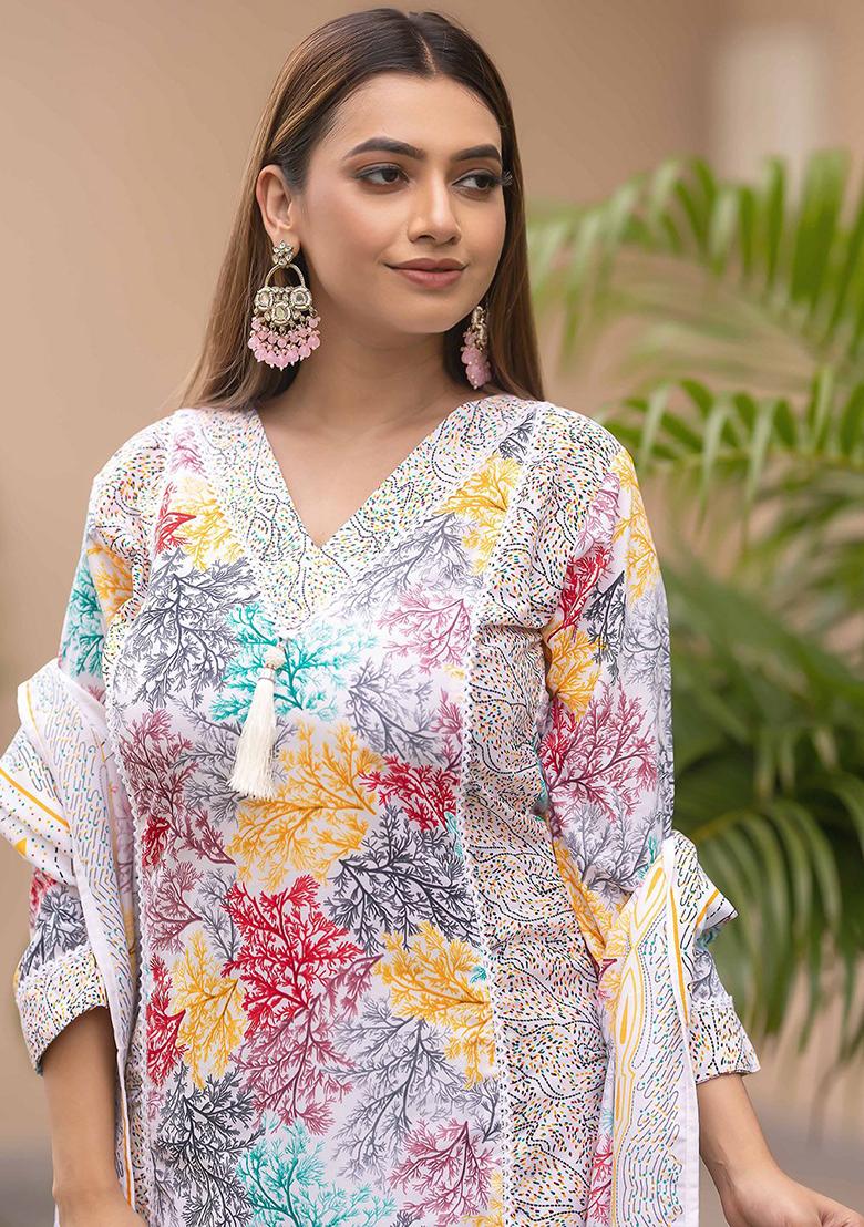 White Printed Poly Blend Kurta Sets