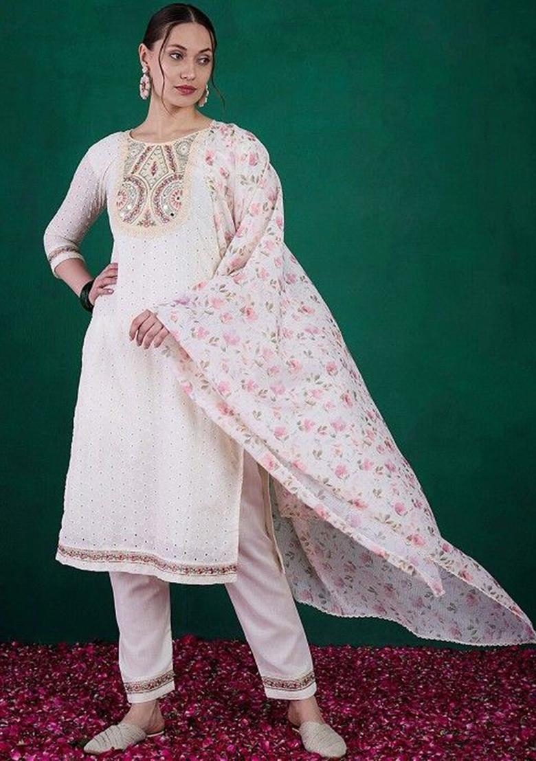 White Mirror Work Poly Blend Kurta Sets