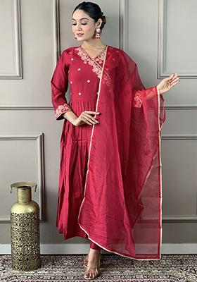 Red Embellished Poly Blend Kurta Sets