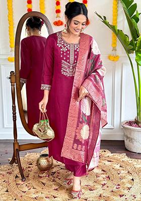 Maroon Embellished Poly Blend Kurta Sets