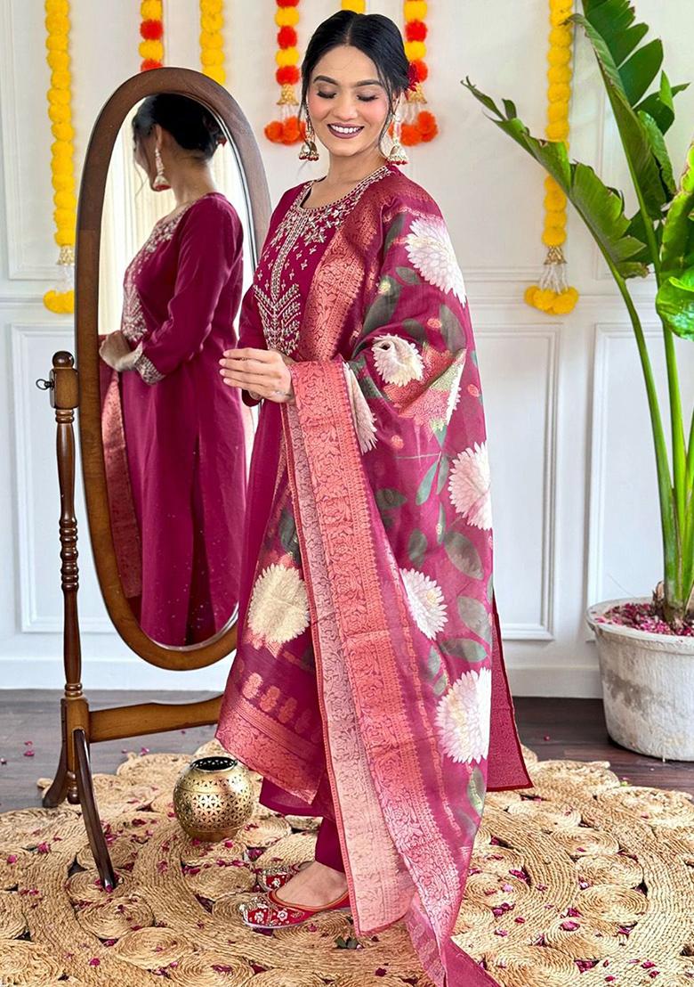 Maroon Embellished Poly Blend Kurta Sets