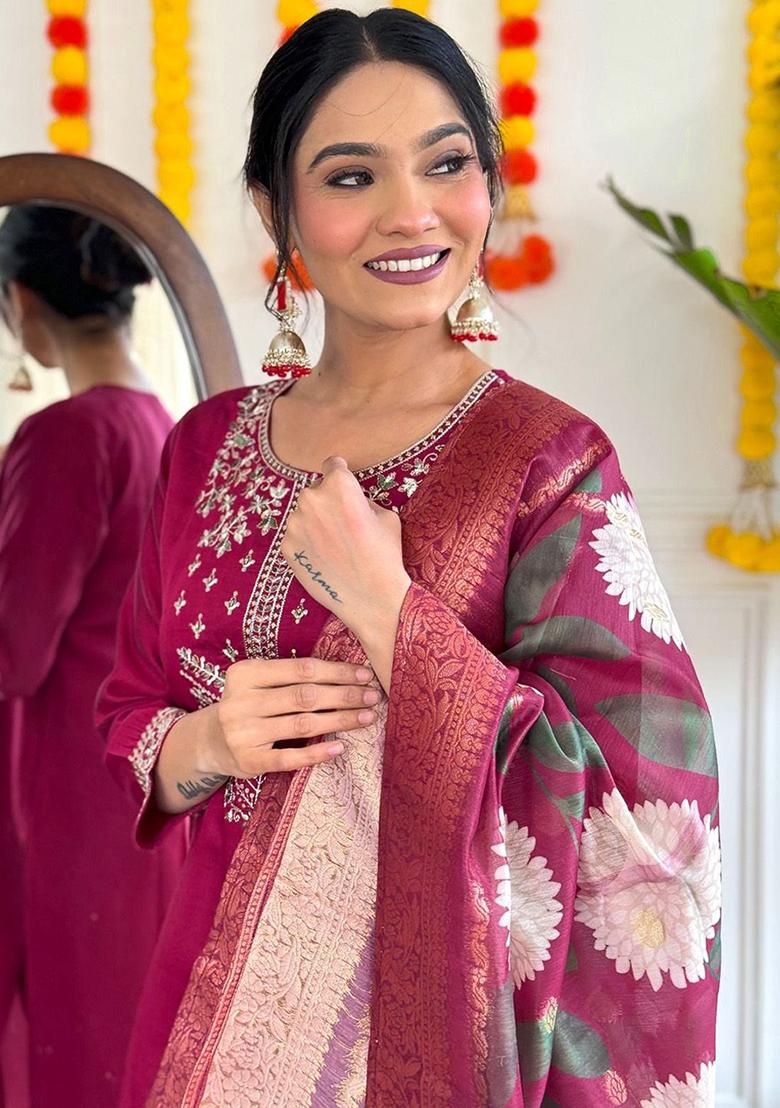 Maroon Embellished Poly Blend Kurta Sets