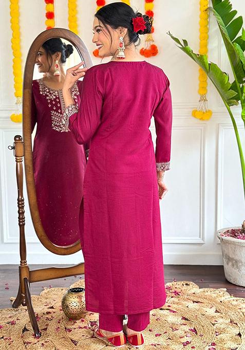 Maroon Embellished Asymmetrical Kurta and Jegging Set