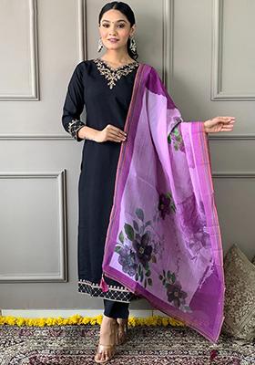 Black Embellished Poly Blend Kurta Sets