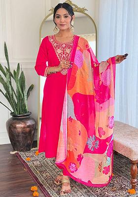 Pink Embellished Poly Blend Kurta Sets