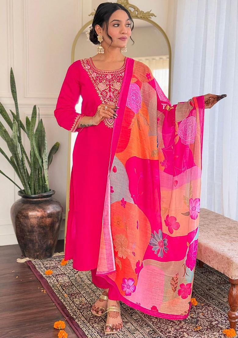 Pink Embellished Poly Blend Kurta Sets