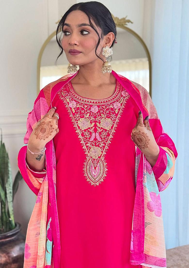 Pink Embellished Poly Blend Kurta Sets