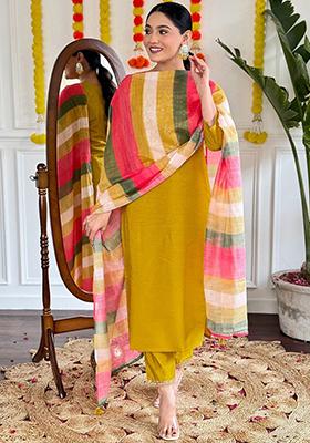 Yellow Embellished Poly Blend Kurta Sets