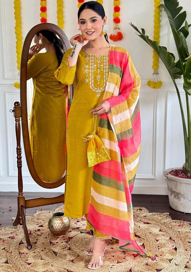 Yellow Embellished Poly Blend Kurta Sets
