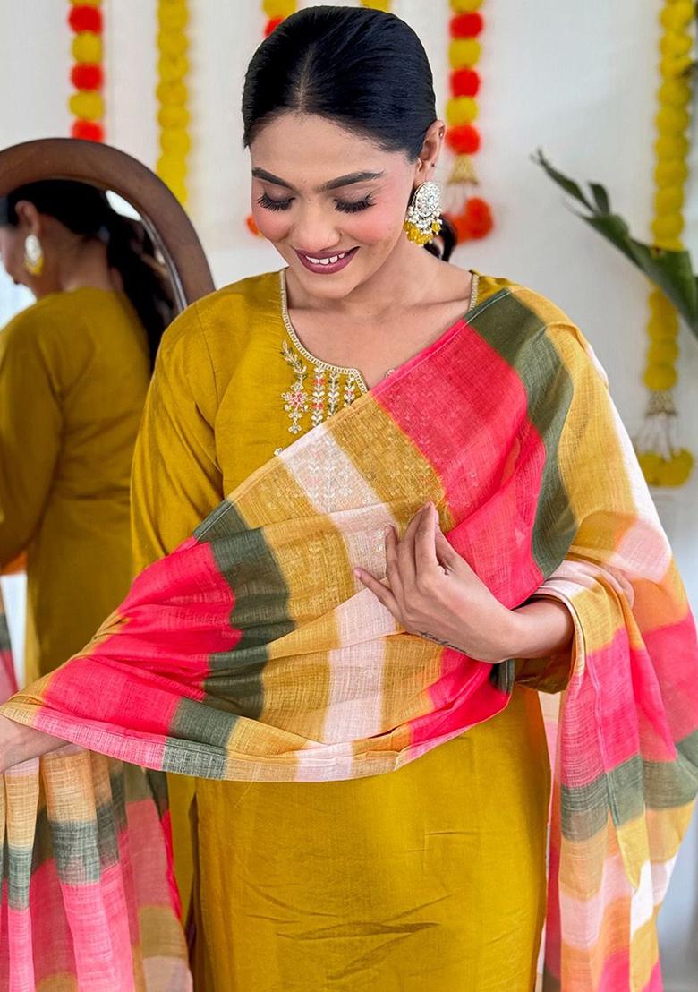 Yellow Embellished Poly Blend Kurta Sets