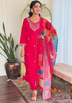 Pink Embellished Poly Blend Kurta Sets