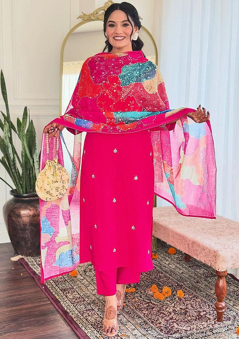 Pink Embellished Poly Blend Kurta Sets